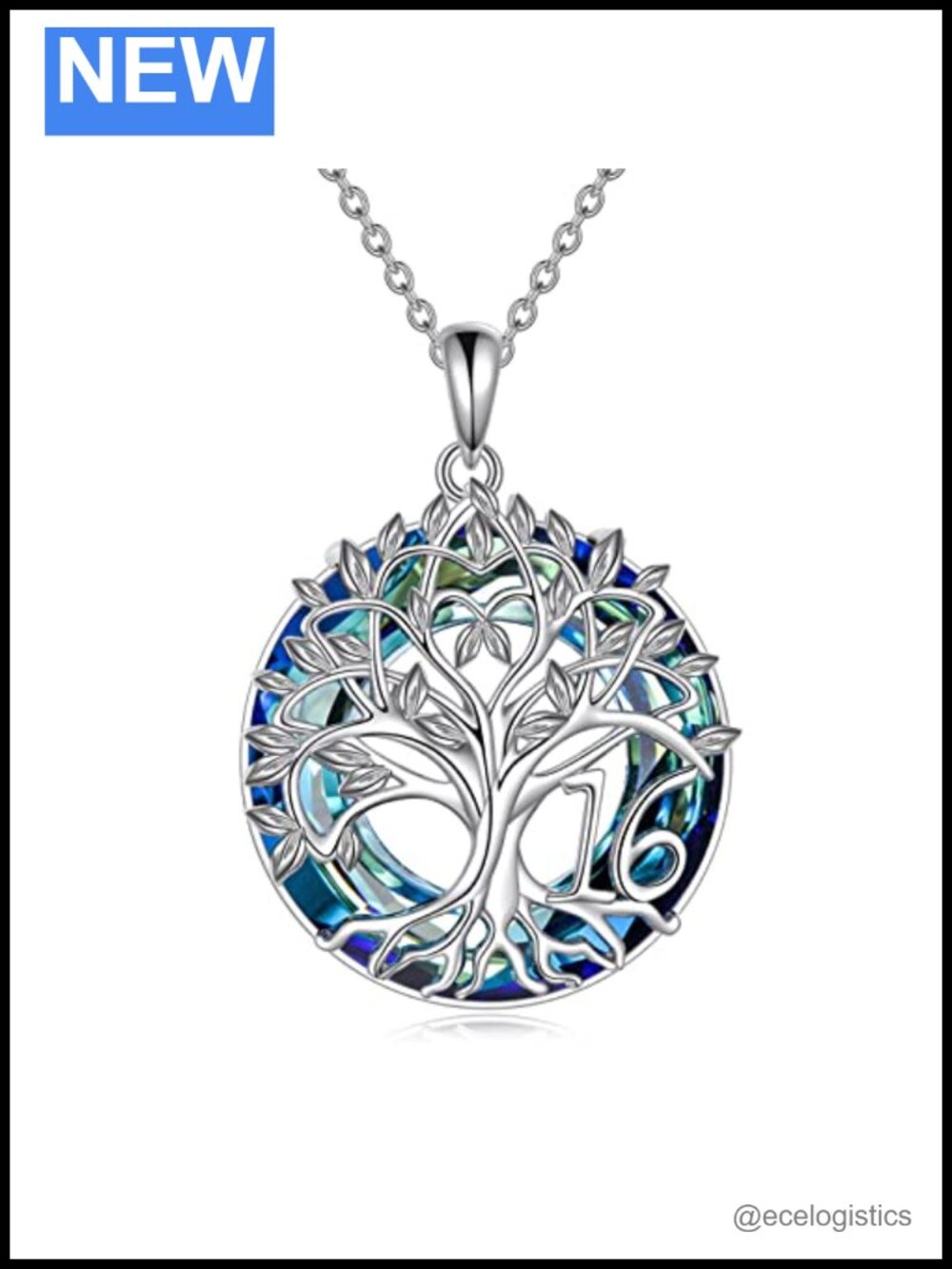 Sterling Silver Tree of Life Necklace Blue Crystal 18" Pendant Birthday Gift